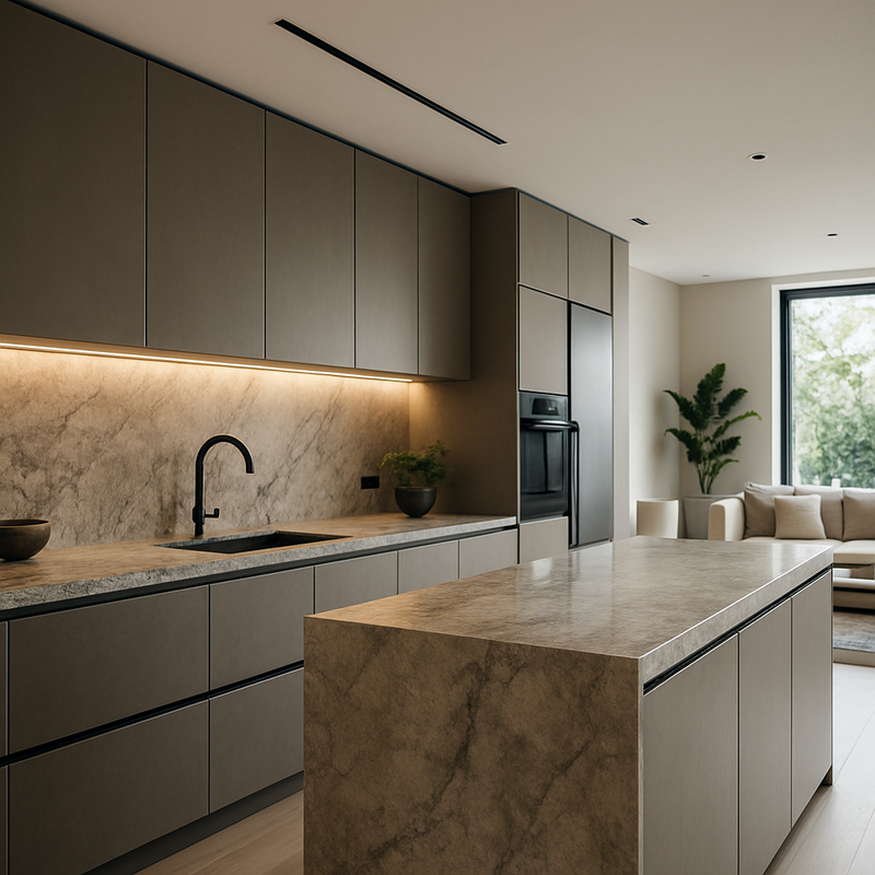 Moderne keuken met natuurstenen blad, matte afwerking, geïntegreerde verlichting en open woonkeuken concept.