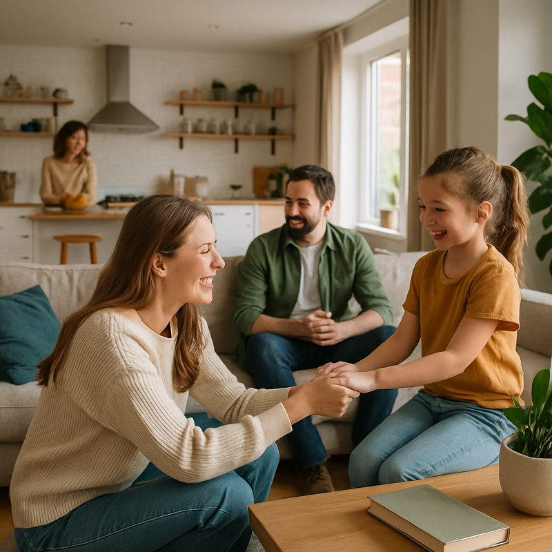Lichte, open woonkamer met multifunctionele zones waar mensen samenkomen en ontspannen