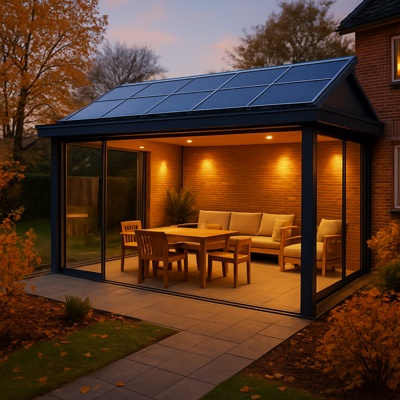 Moderne tuin met glazen schuifwanden, zonnepanelen en sfeerverlichting bij avondlicht