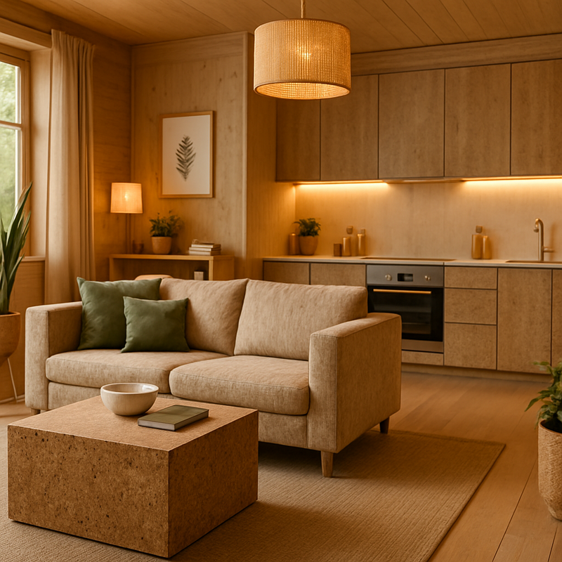 Moderne woonkamer met duurzame meubels, geïntegreerde keukenapparatuur en sfeervolle verlichting