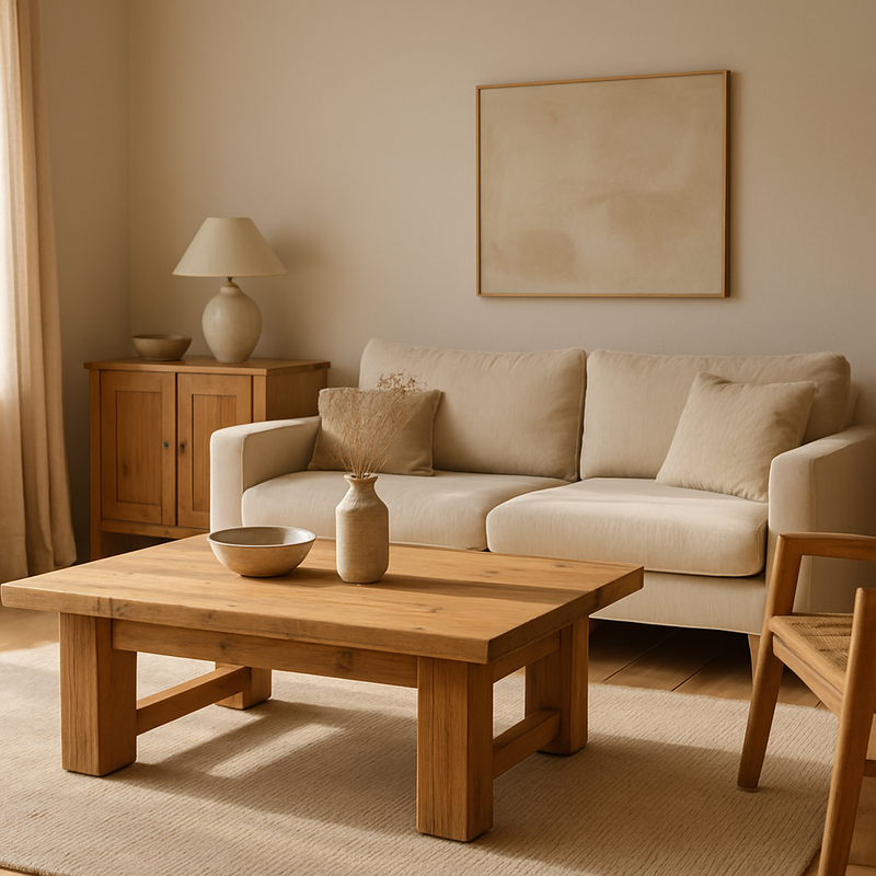 Interieur met ambachtelijke houten meubels gecombineerd met moderne decoratie en natuurlijke verlichting