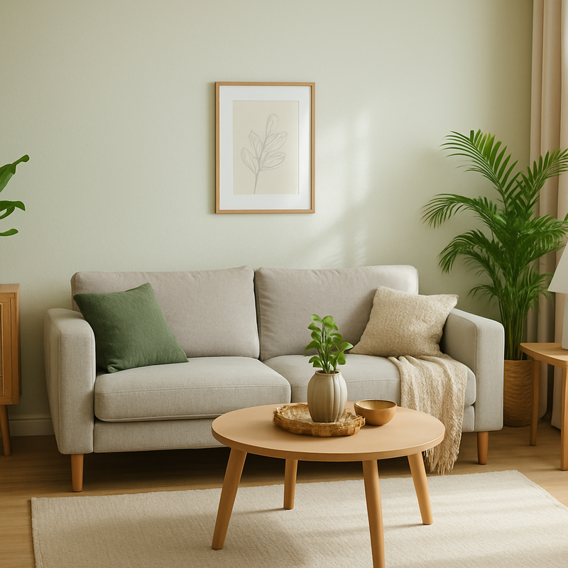 Woonkamer met duurzaam geverfde muren, veel natuurlijk licht en planten