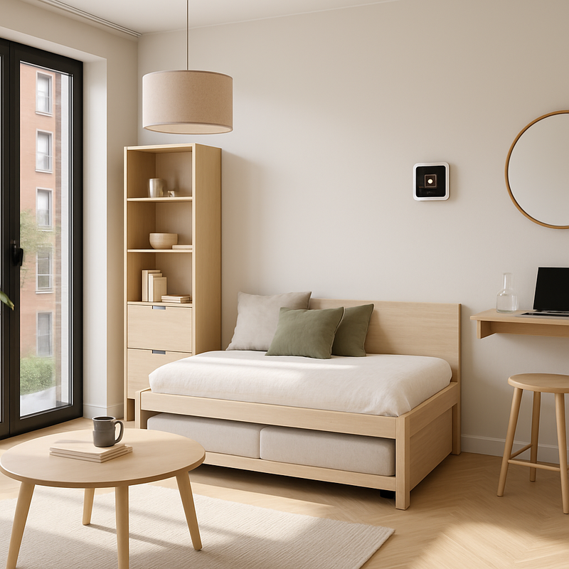 Modern appartement interieur met multifunctionele meubels, duurzame materialen en donkere kozijnen