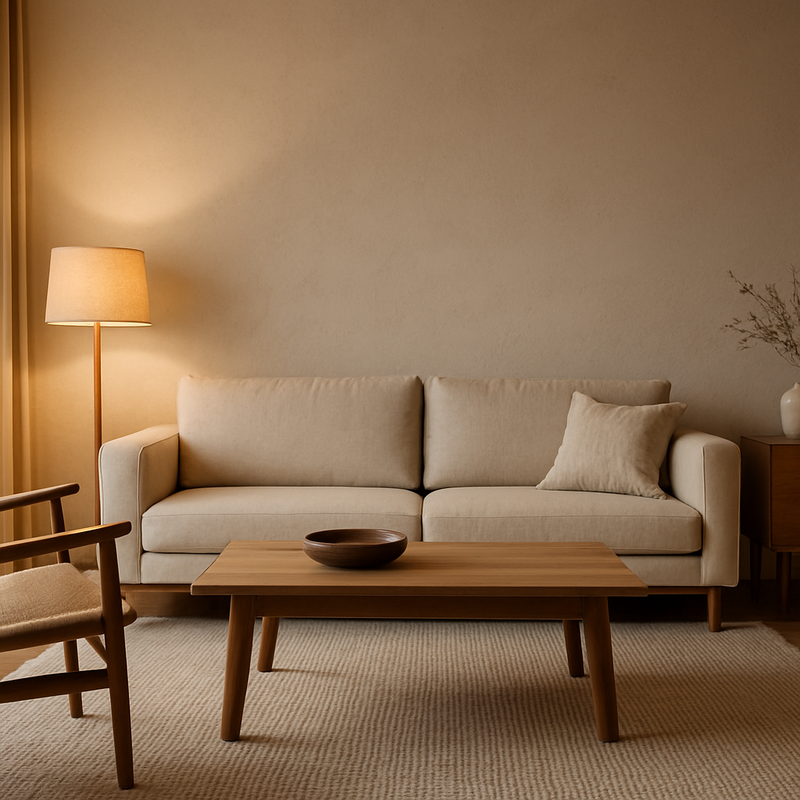 Moderne minimalistische woonkamer met warme houten meubels en dimbare verlichting