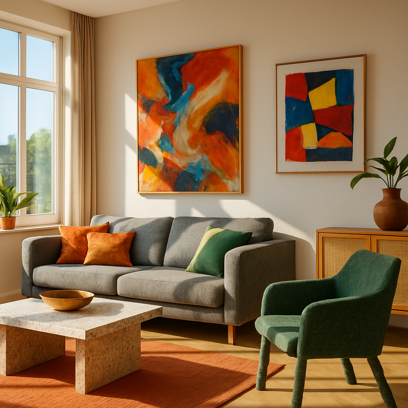 Modern interieur met duurzame kunst en meubels in een zonnige woonkamer