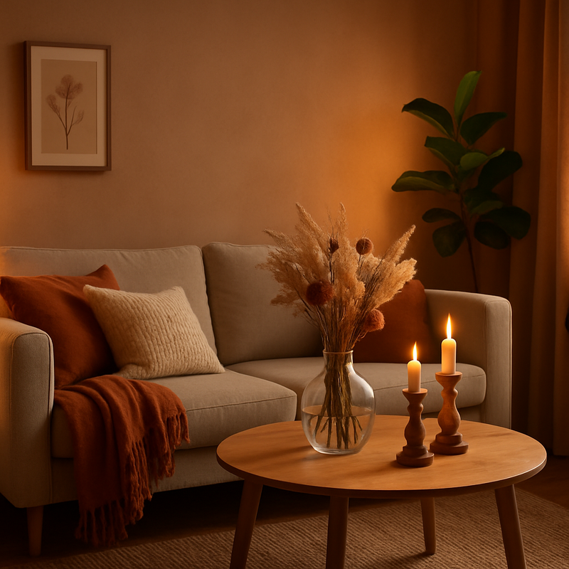 Woonkamer met duurzame DIY-decoraties van natuurlijke materialen en warme herfstkleuren