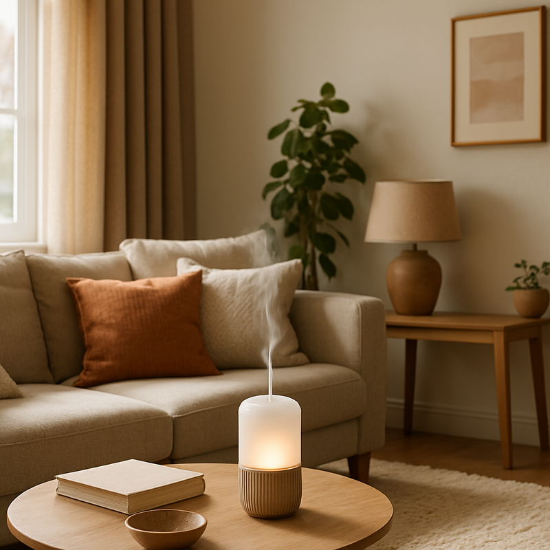 Modern Scandinavisch interieur met diffuser op tafel en warme sfeer