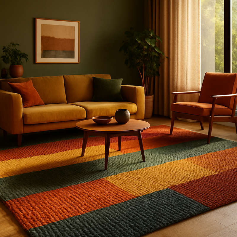 Woonkamer met duurzame, kleurrijke en textuurrijke vloerbedekking onder warm natuurlijk licht