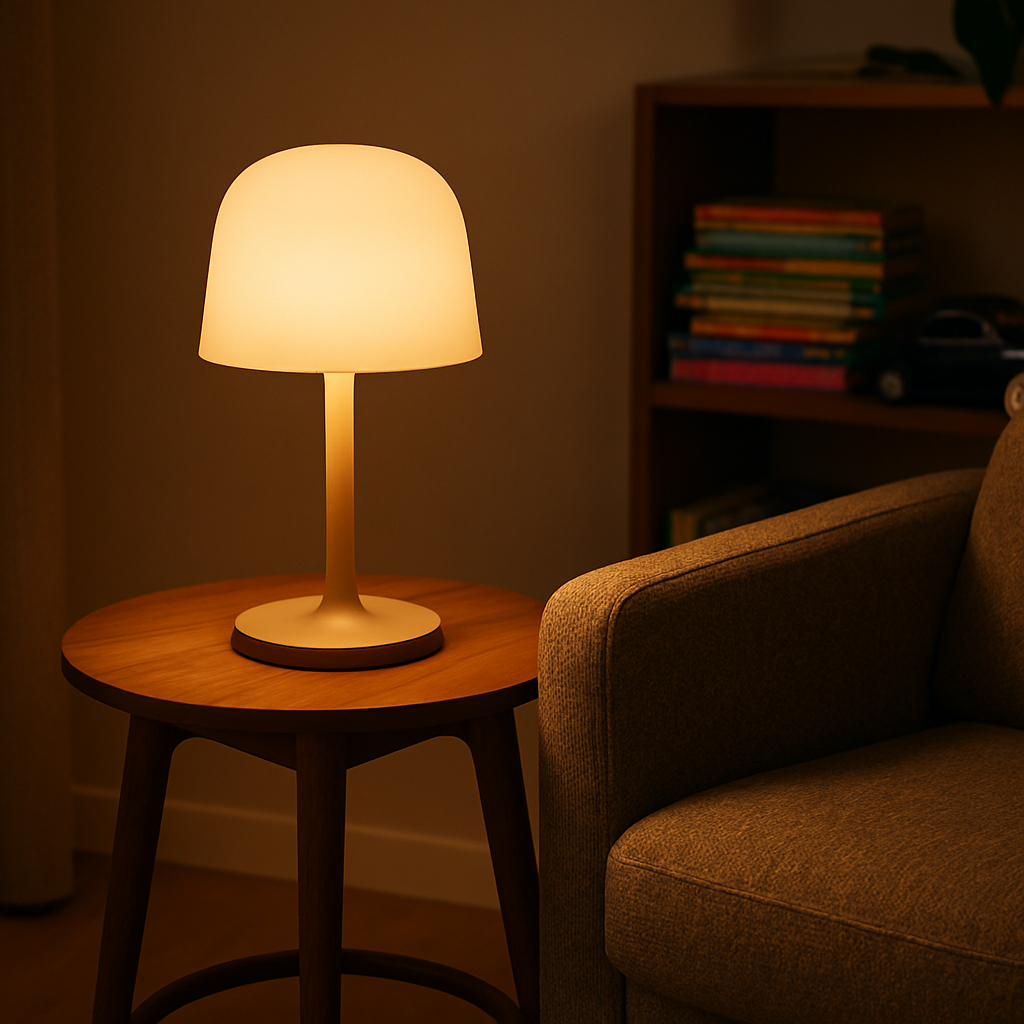 Een warme avondscène in een moderne woonkamer met een brandende design tafellamp op een bijzettafel naast een beige fauteuil, die een zachte gloed verspreidt. Op de achtergrond zijn subtiele elementen van een gezinsleven te zien, zoals netjes gestapelde kinderboeken.