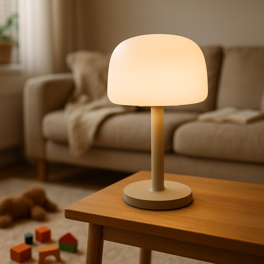 Een moderne design tafellamp met een warme gloed op een houten bijzettafel. Op de voorgrond liggen kinderspeeltjes; op de achtergrond is een comfortabele bank te zien, wat de veelzijdigheid van de lamp in een gezinshuis illustreert.