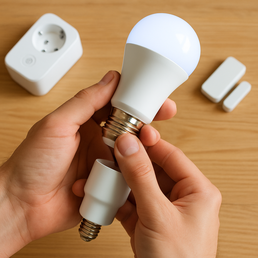 Een persoon installeert een slimme lamp in een fitting, met op de achtergrond een tablet waarop een smart home dashboard te zien is, symboliserend budgetvriendelijke DIY smart home projecten.