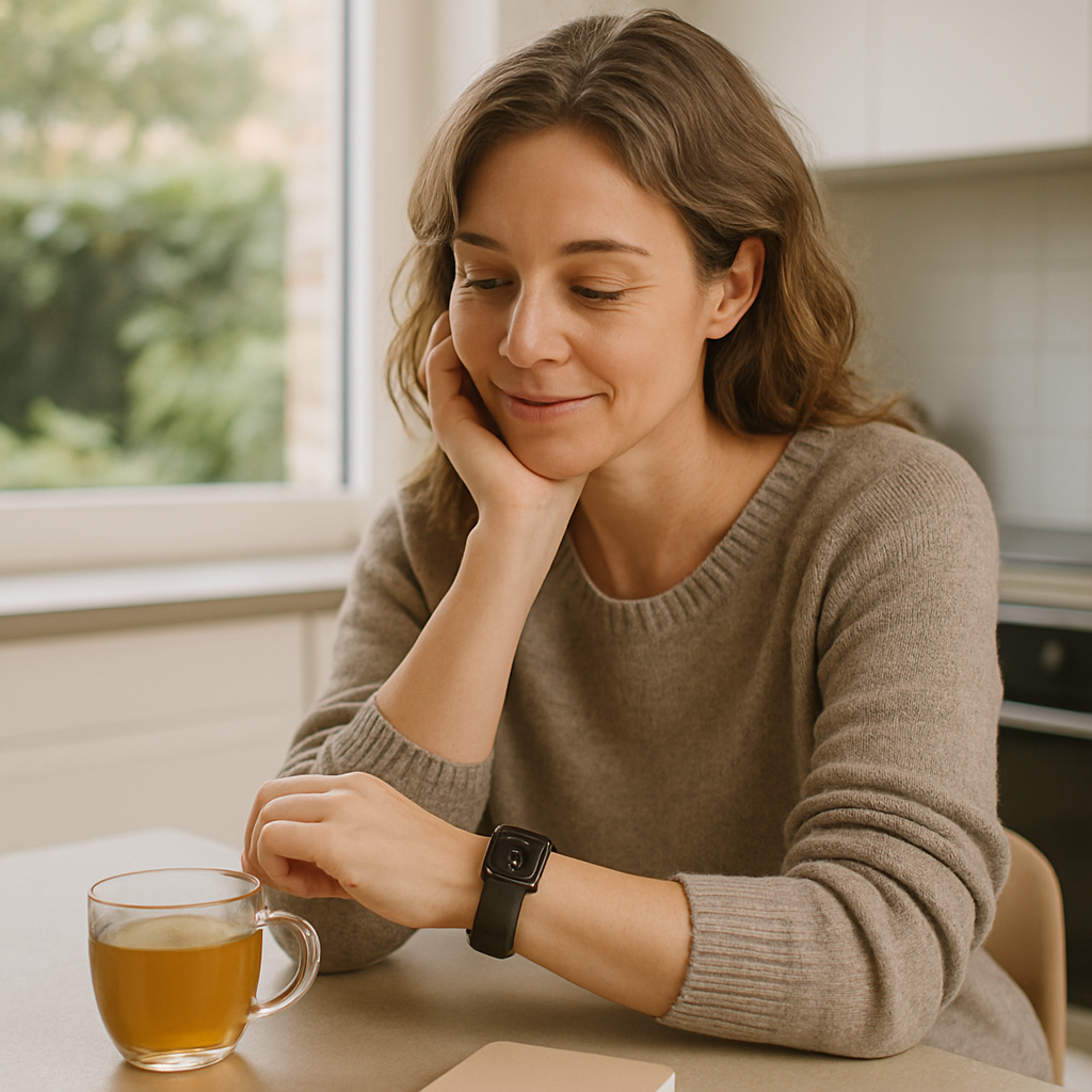 Een vrouw kijkt aandachtig naar het scherm van haar smart band terwijl ze aan een keukentafel zit met een kopje thee, wat de integratie van gezondheidsmonitoring in het dagelijks leven toont.