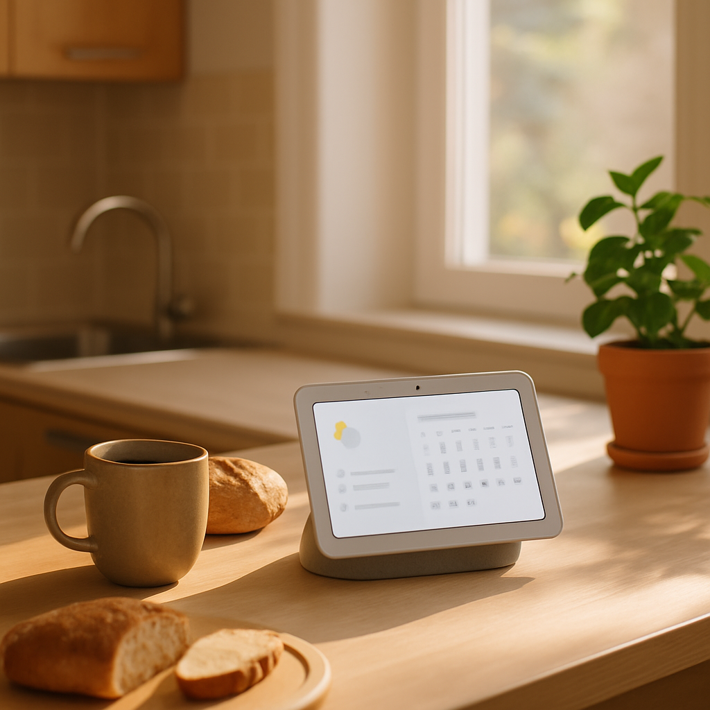 Een Google Nest Hub 3 staat op een houten aanrecht in een lichte, moderne keuken. Op het scherm is een weerbericht of kalender te zien. Ernaast staat een koffiemok en liggen wat verse etenswaren, wat de integratie in een ochtendroutine suggereert.