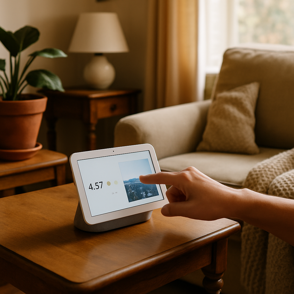 Een Google Nest Hub op een vintage houten bijzettafel in een sfeervolle woonkamer, met een hand die het scherm aanraakt. De omgeving is licht en toont een mix van oude en nieuwe interieurstukken, wat de harmonieuze integratie van technologie benadrukt.
