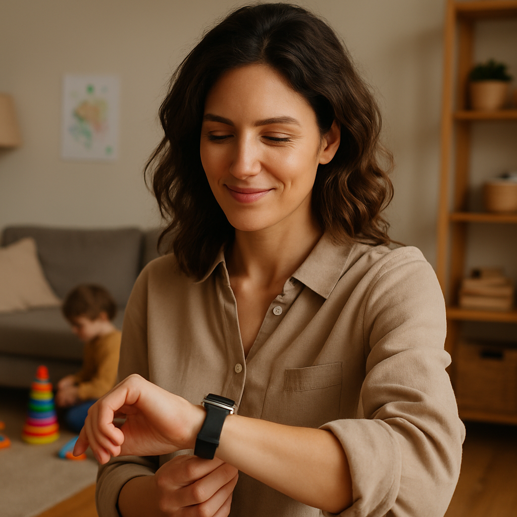 Een vrouw van rond de 40 glimlacht terwijl ze naar haar smartwatch kijkt. Ze staat in een warm ingerichte woonkamer met op de achtergrond speelgoed, wat duidt op een gezinsleven. Haar smartwatch is duidelijk zichtbaar aan haar pols.