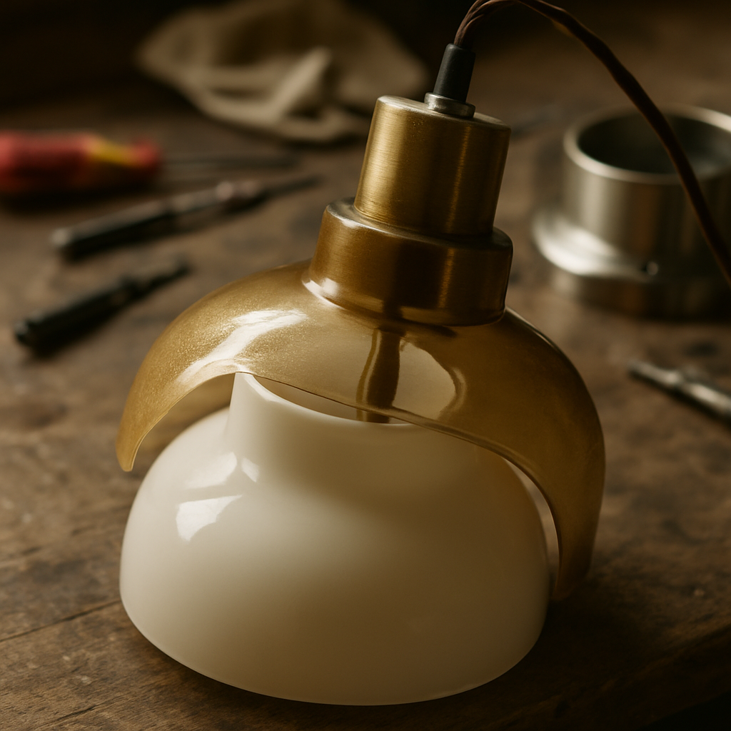 Een close-upfoto van een vintage Holmegaard lamp op een werkbank, gedeeltelijk gedemonteerd. De doorschijnende buitenste glaslaag en de witte binnenste glaslaag zijn duidelijk zichtbaar, omringd door vage contouren van gereedschap en metalen onderdelen.