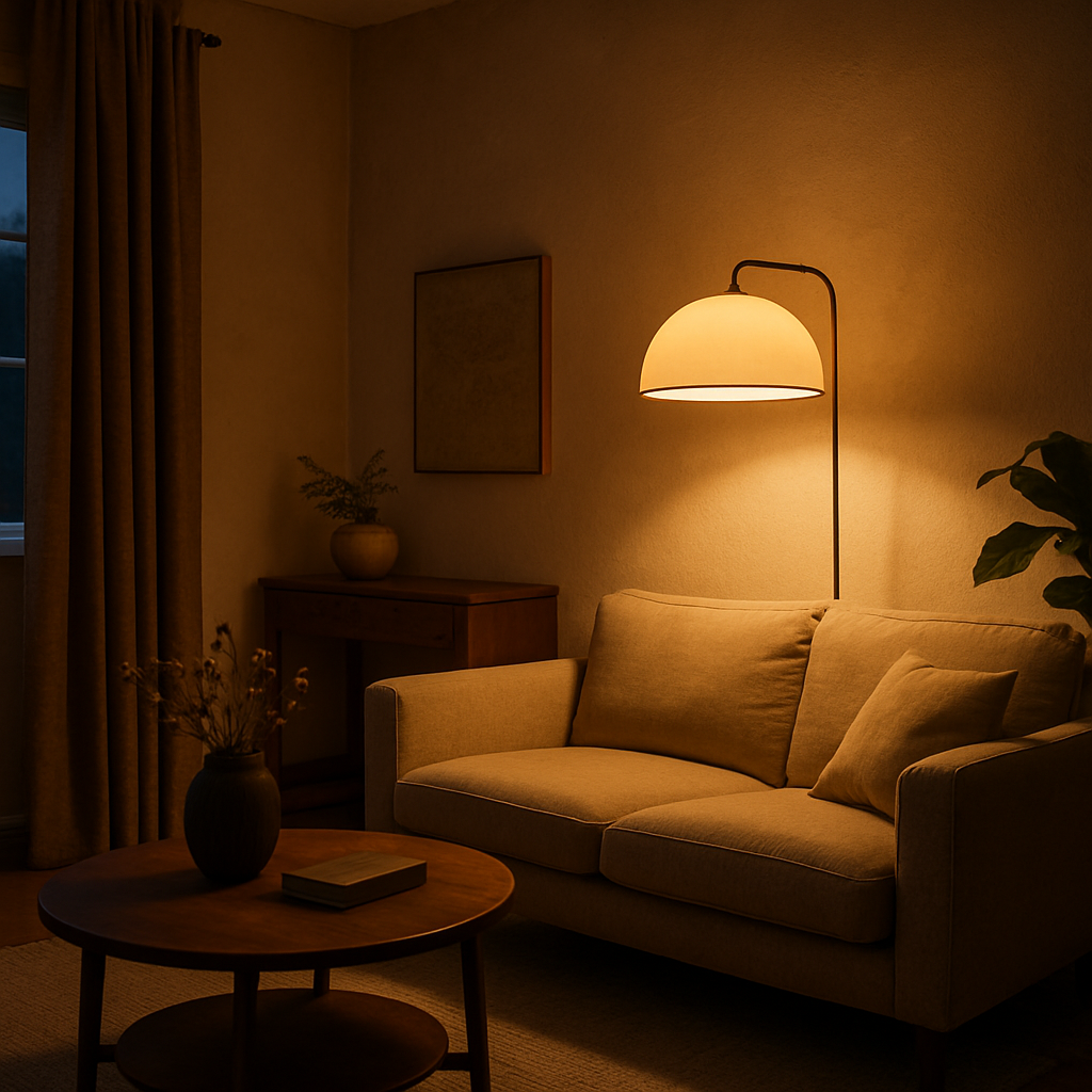 Een warme en gezellige woonkamer in de schemering, verlicht door een moderne designlamp die een zacht, geelachtig licht verspreidt over een comfortabele bank en een bijzettafel.