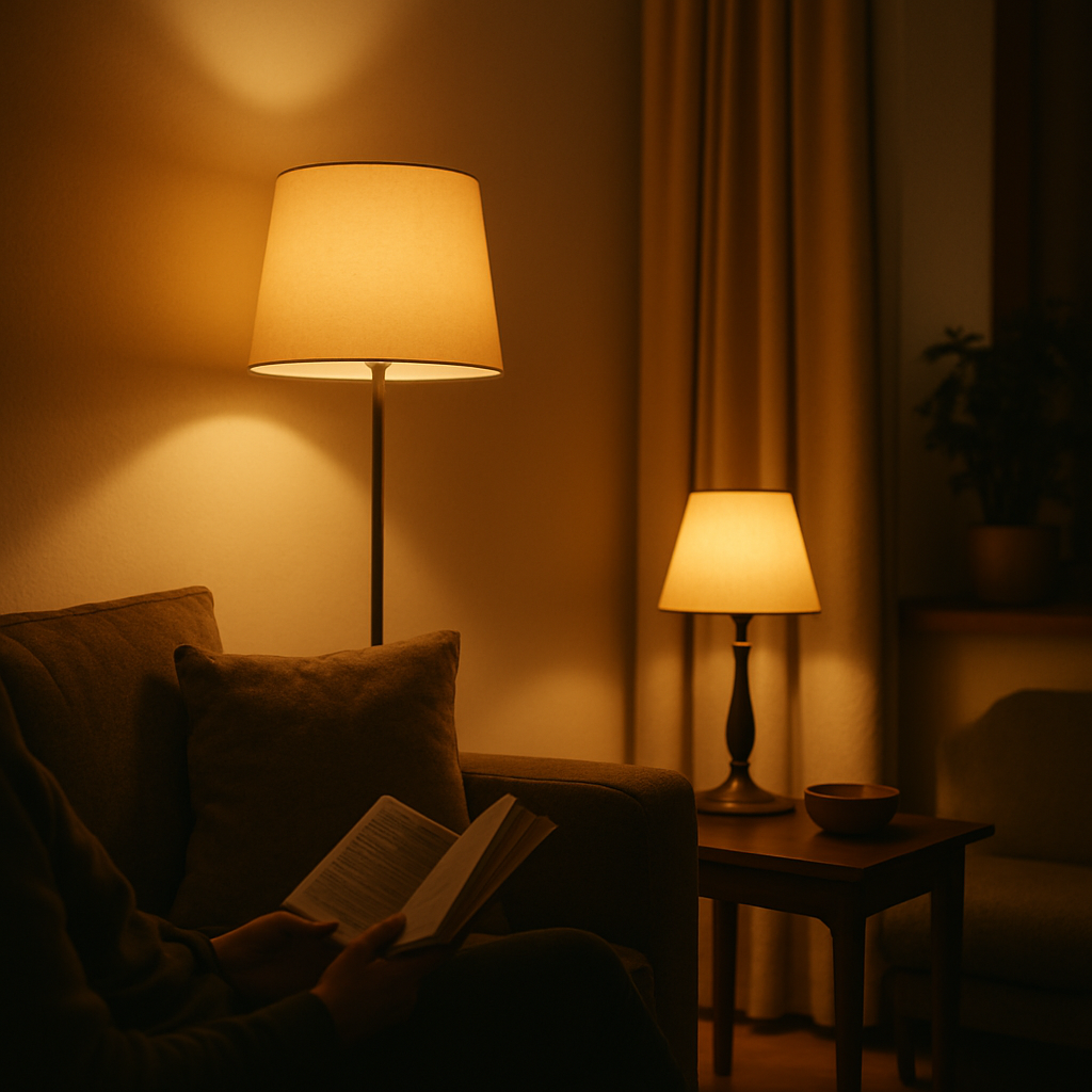 Een sfeervolle woonkamer in de avond, verlicht door een warme, gelaagde lichtinval. Een design vloerlamp en tafellamp zorgen voor zowel basis- als taakverlichting, terwijl zachte schaduwen en highlights diepte geven aan het interieur. De ruimte straalt een gevoel van comfort en welzijn uit.