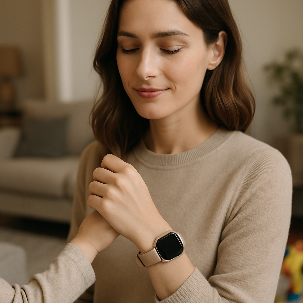 Een vrouw met een Amazfit GTS 2 Mini aan haar pols, die de hand van een kind vasthoudt. Ze kijkt rustig en glimlachend, met een zacht gefocuste achtergrond van een huiselijke omgeving, wat een gevoel van beheerste drukte uitstraalt.