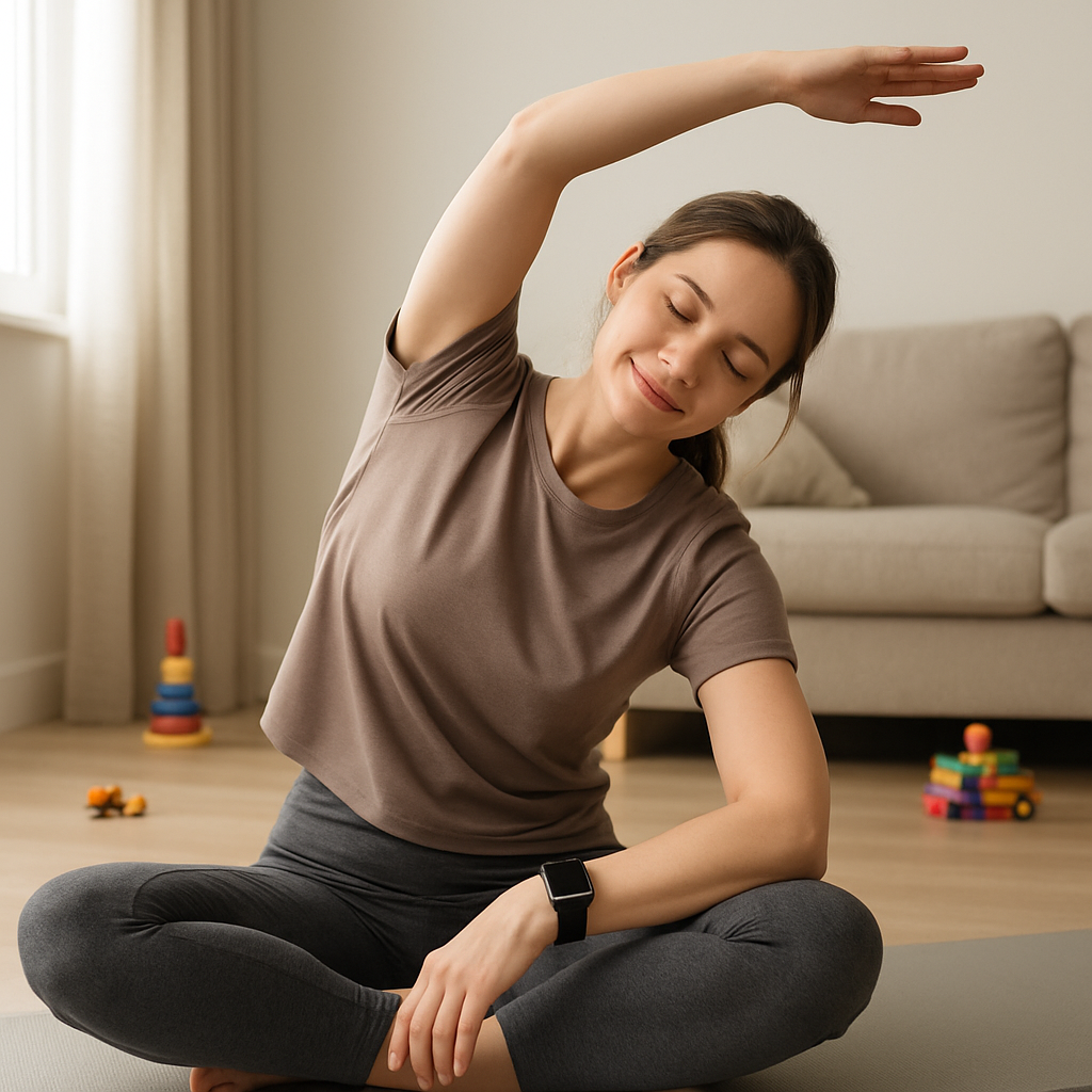 Een rustige foto van een jonge moeder die rekoefeningen doet op een yogamat in een lichte woonkamer. Ze draagt een Amazfit GTS 2 Mini smartwatch. Speelgoed is op de achtergrond discreet zichtbaar, wat duidt op de aanwezigheid van kinderen.