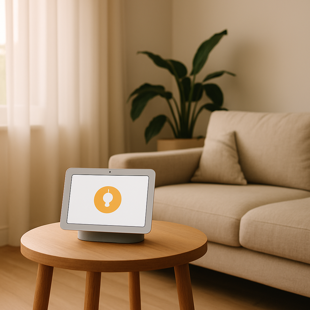 Een Google Nest Hub op een houten bijzettafel in een lichte, moderne woonkamer met een bank en plant, en een klimaatbeheersingsicoon op het scherm.