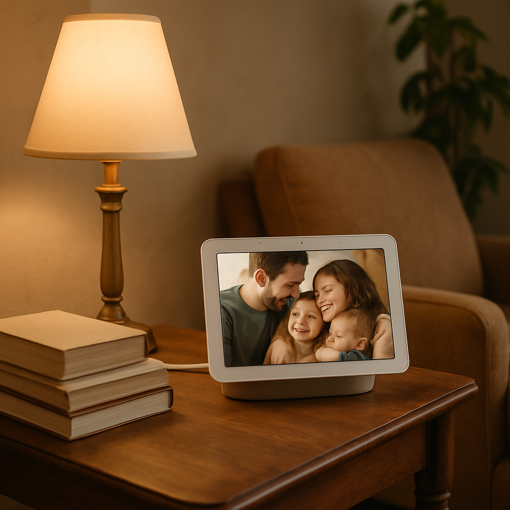 Een Google Nest Hub op een vintage houten bijzettafel. Naast de Hub staan een ouderwetse tafellamp, een stapel boeken en een plant. Het scherm van de Hub toont een familiefoto. Kabels zijn netjes weggewerkt. De scène straalt een gevoel van huiselijke warmte en zorgvuldige interieurinrichting uit.