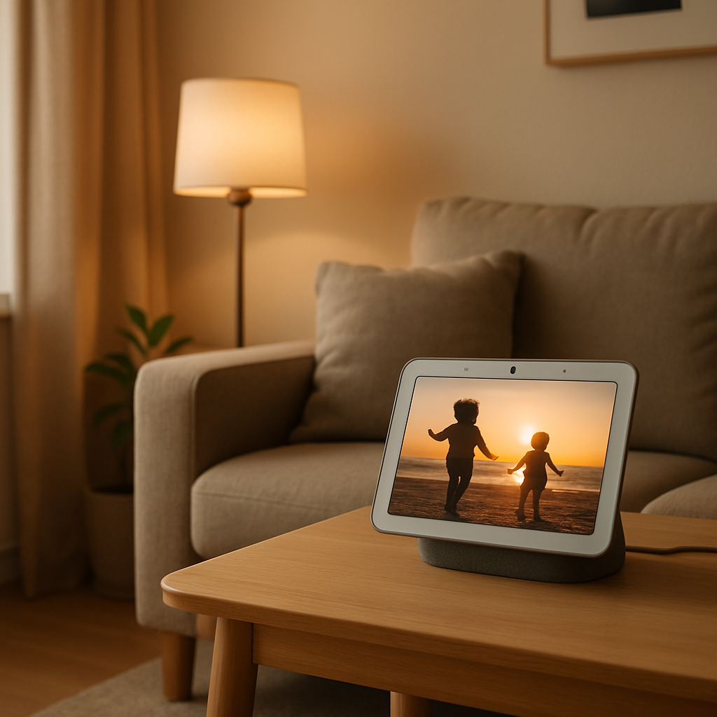 Een Google Nest Hub 3 met een familiefoto op het scherm, staand op een houten bijzettafel in een lichte en moderne woonkamer met zachte verlichting.