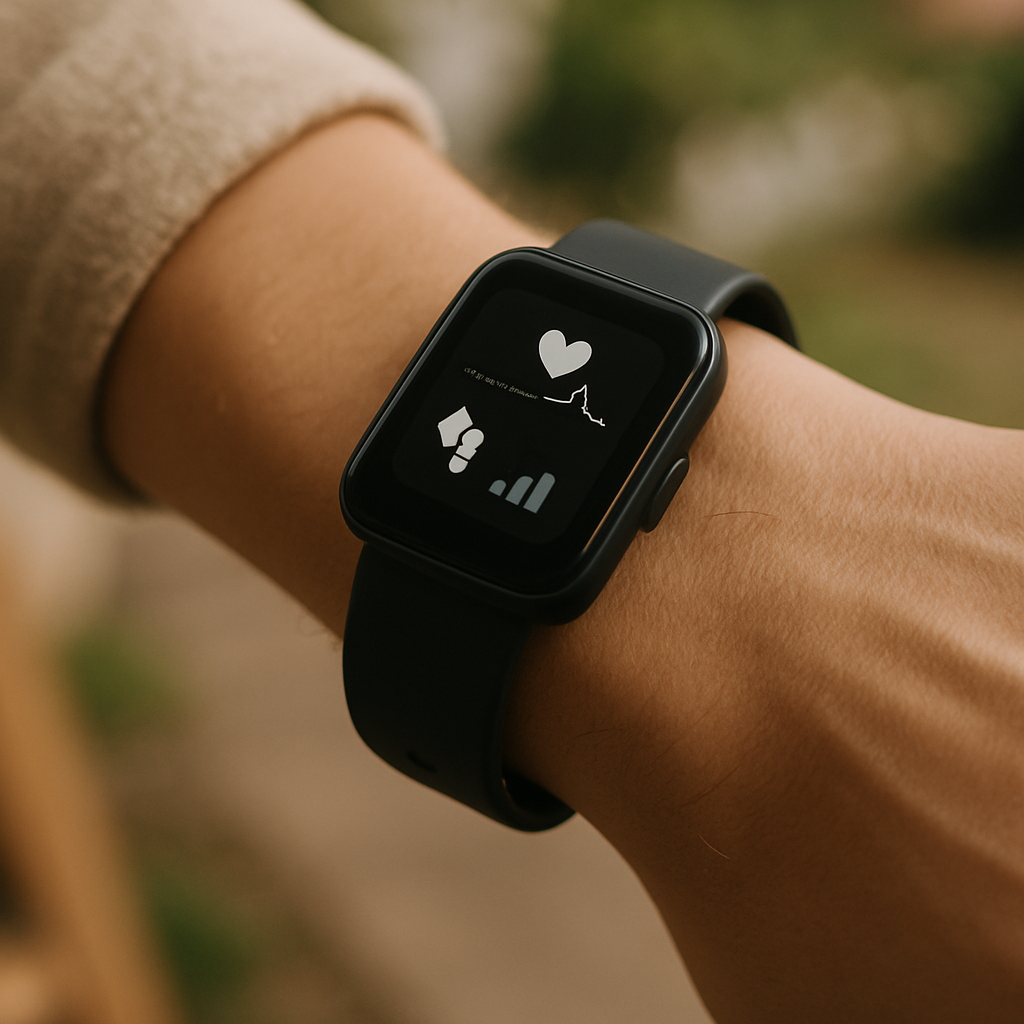 Close-up van een pols met een moderne smartwatch die eenvoudige gezondheidsgegevens toont, op een lichte, alledaagse achtergrond.