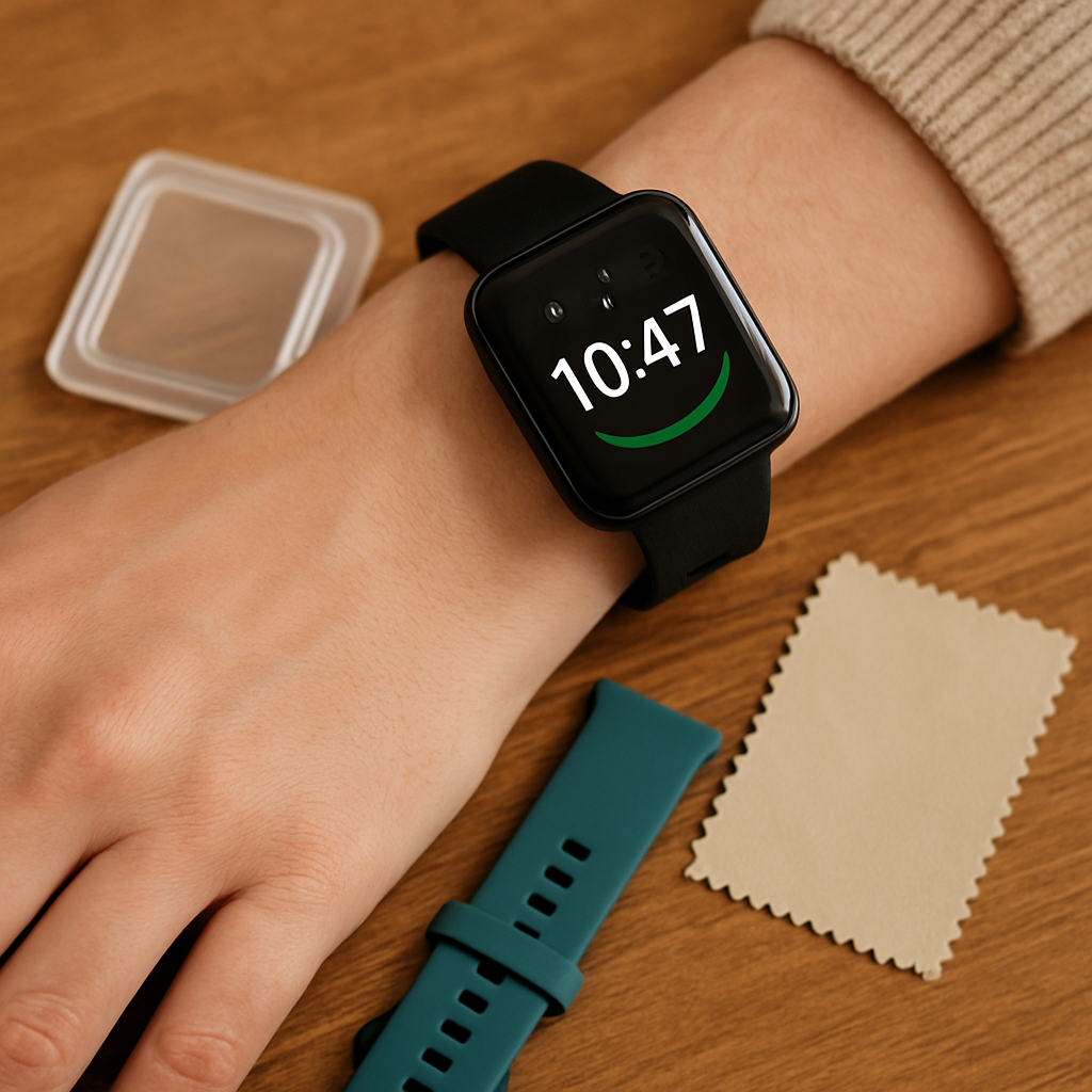 Een close-up van een hand met een donkere Redmi smartwatch. Naast het horloge liggen een transparante screenprotector, een kleurrijk siliconen horlogebandje en een microvezeldoekje op een houten tafel, symboliserend budgetvriendelijke tips.