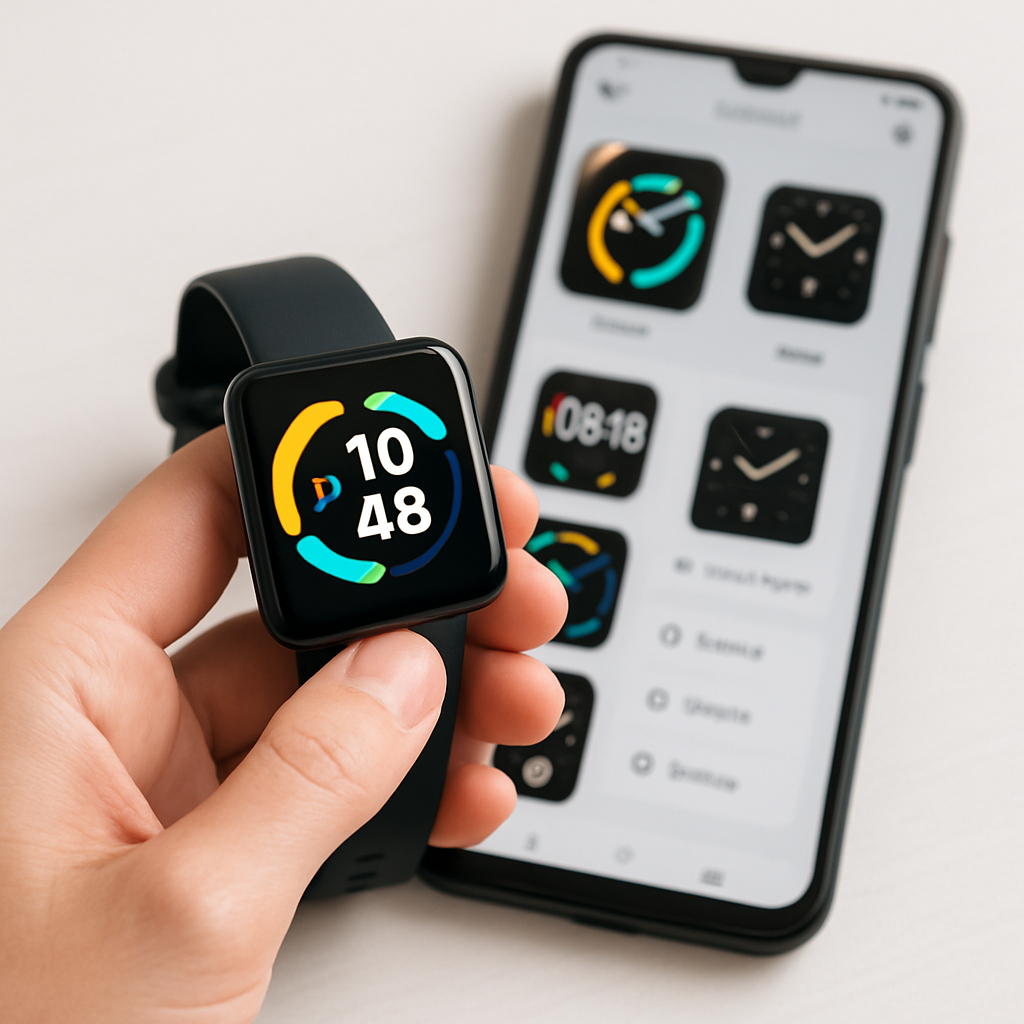 Een hand die een Redmi smartwatch vasthoudt met een aangepaste wijzerplaat, terwijl op de achtergrond een smartphone de bijbehorende Mi Fitness app toont voor het instellen van de smartwatch.