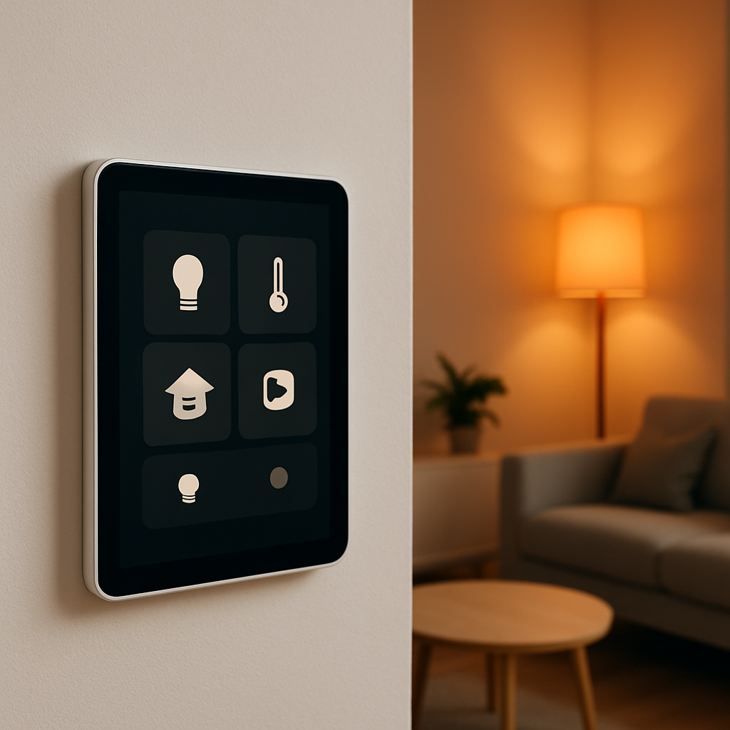 Een close-up van een tablet, strak gemonteerd aan een muur in een moderne woonkamer, waarop een gepersonaliseerd slim huis dashboard te zien is met iconen voor verlichting en klimaatbeheersing. De achtergrond is warm oranje verlicht, passend bij de gezellige sfeer die via het dashboard gecreëerd wordt.