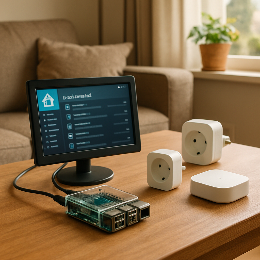 Een close-up van een Raspberry Pi met Home Assistant op een klein scherm, geflankeerd door een IKEA TRÅDFRI gateway en slimme stekkers, symbool voor budgetvriendelijke huisautomatisering.