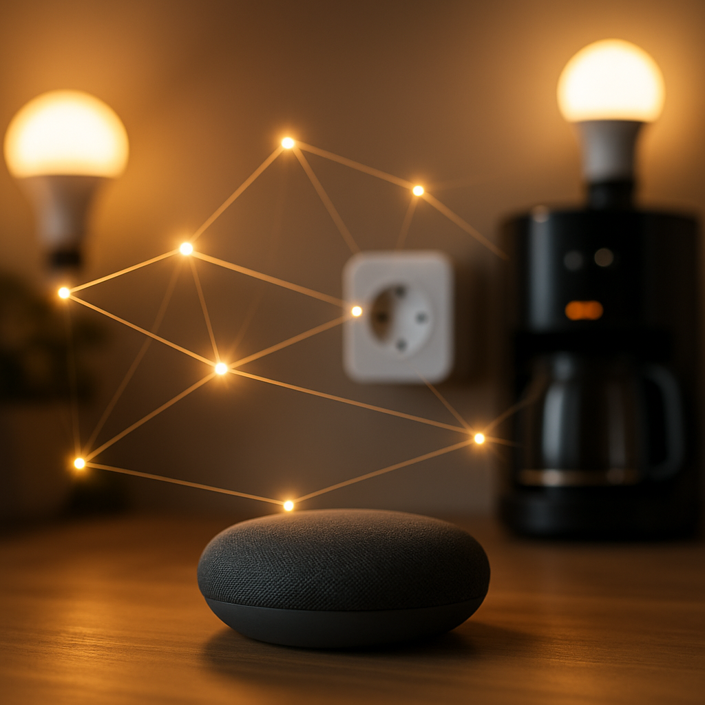 Een zacht verlichte smart home hub staat centraal, omringd door vage contouren van verschillende slimme apparaten zoals lampen en een slimme stekker, die door lichtlijnen met elkaar verbonden lijken te zijn.