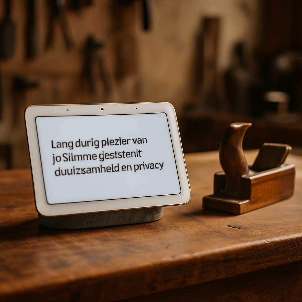 Een slim scherm van het type Google Nest Hub staat op een gepolijste houten werkbank naast een ouderwets houten gereedschap of een klein, ambachtelijk houten object. De setting is een zacht verlichte werkplaats.