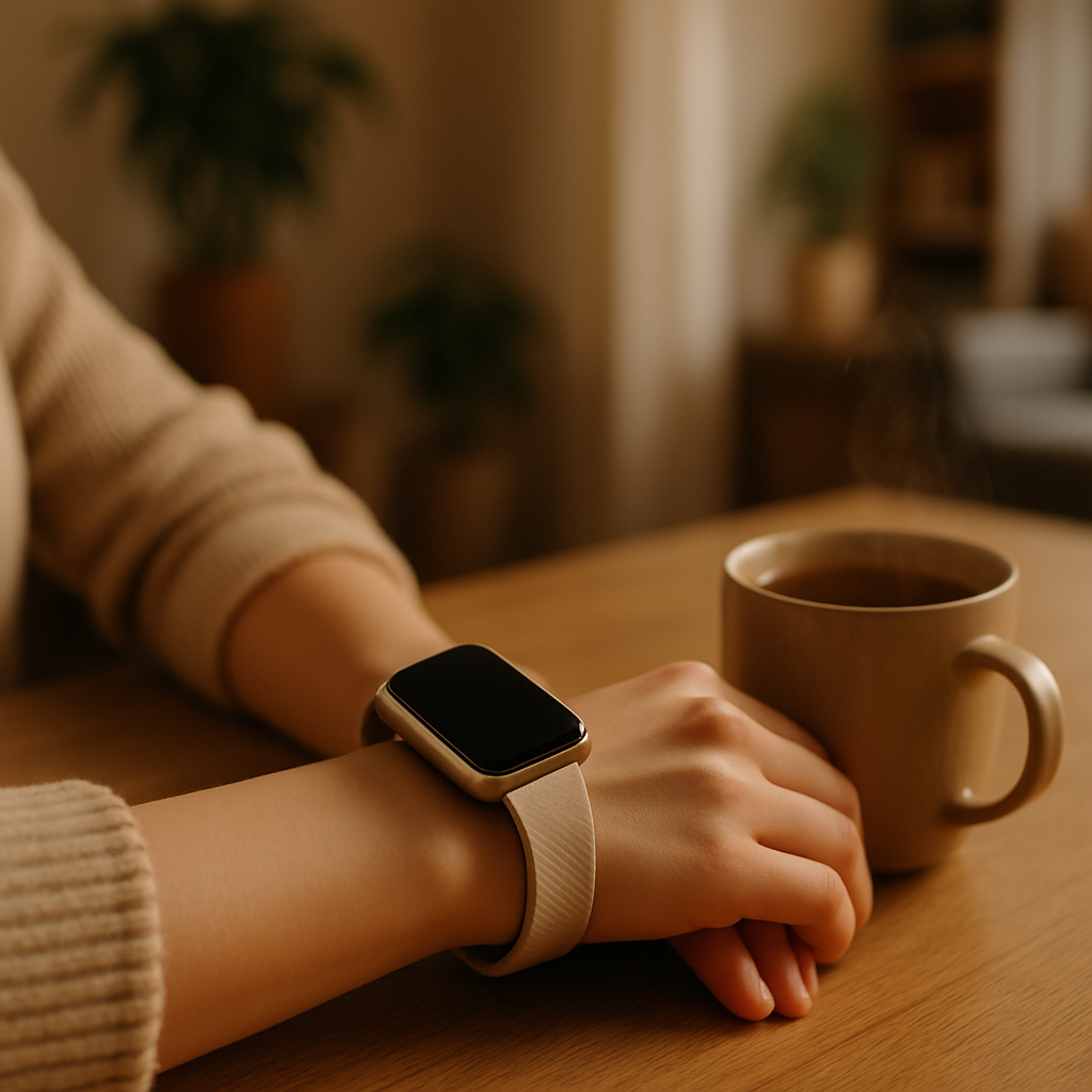 Een close-up van een slimme band om de pols van een vrouw, die haar handen rustig op een houten tafel heeft liggen naast een kop thee.