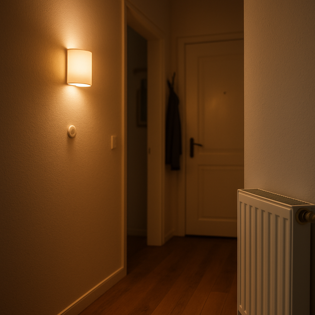 Een modern ingerichte gang in een Nederlands huis met warm licht, waar een kleine witte bewegingssensor aan de muur is gemonteerd en een slimme thermostaatknop op een radiator in de achtergrond te zien is.