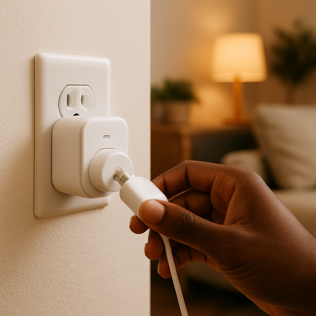 Een close-up van een hand die een wit apparaat in een witte slimme stekker steekt, die in een stopcontact zit. De achtergrond is zacht vervaagd, wat een gezellige, moderne sfeer oproept en de focus op eenvoud en gemak benadrukt.
