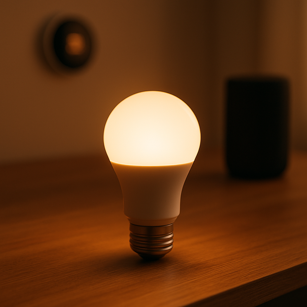 Een warm gloeiende slimme lamp op een houten tafel, symbool voor een eenvoudig begin met smart home.