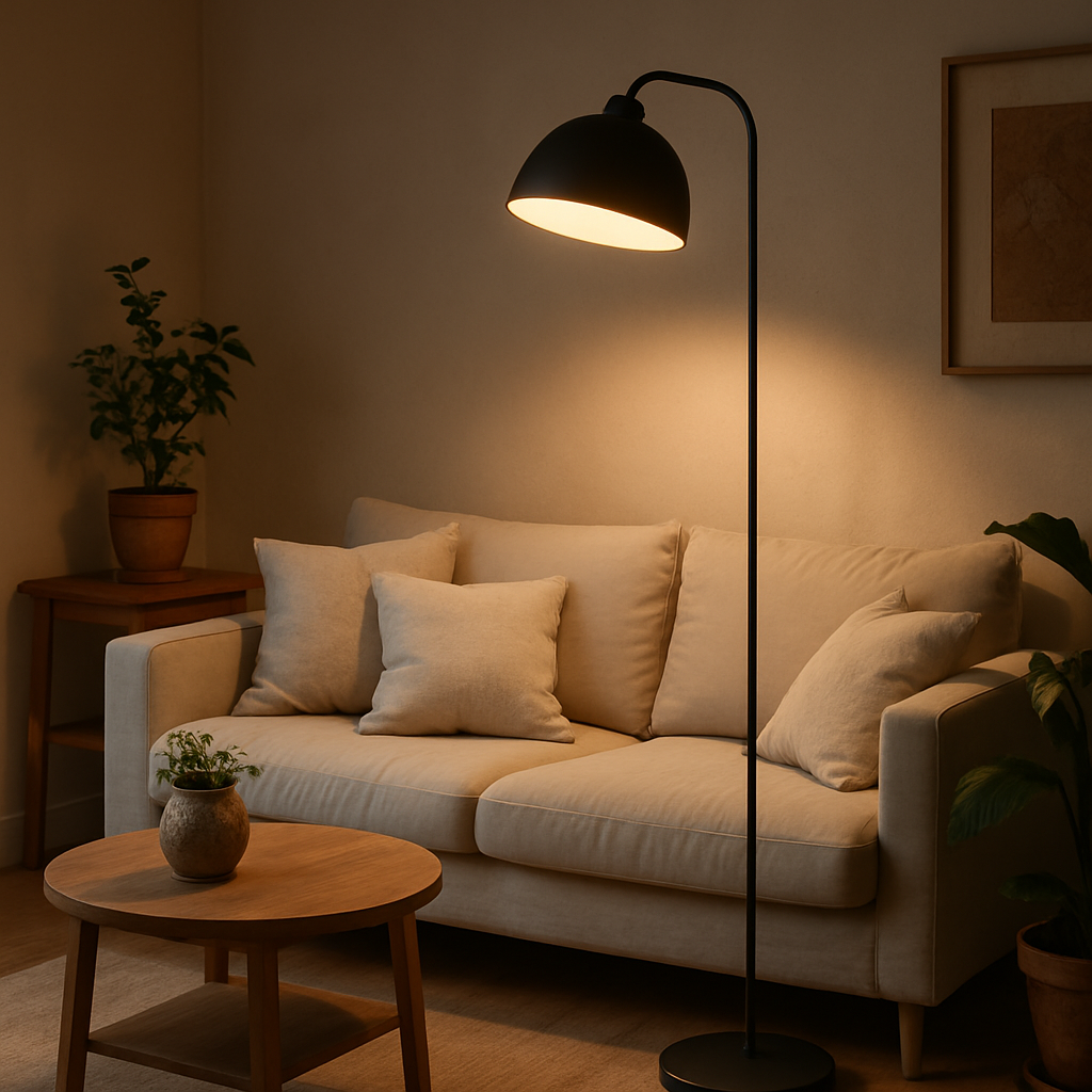 Een moderne, elegante vloerlamp staat centraal in een gezellig ingerichte Nederlandse woonkamer, met warm licht dat de ruimte verlicht en accenten legt op meubels en planten.