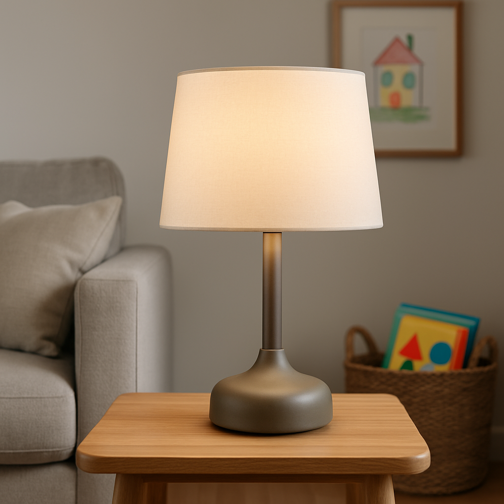 Een elegante tafellamp met een stevige metalen voet en een gesloten stoffen kap staat op een houten bijzettafel in een lichte, moderne woonkamer. Op de achtergrond zijn subtiele kindvriendelijke elementen zichtbaar.