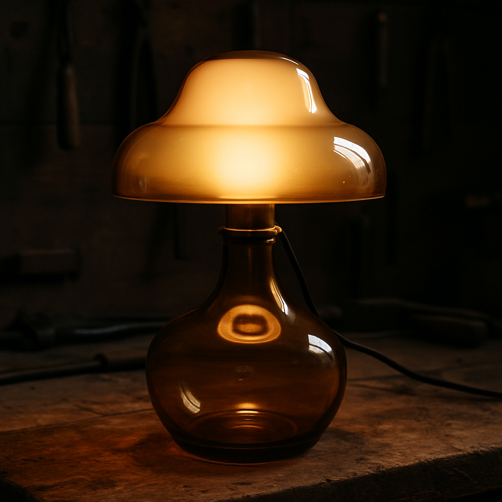 Een close-up van een klassieke, mondgeblazen Holmegaard tafellamp van glas, staand op een ruwe houten werkbank, met een zachte gloed die de textuur van het glas benadrukt. Gereedschap ligt onscherp op de achtergrond.