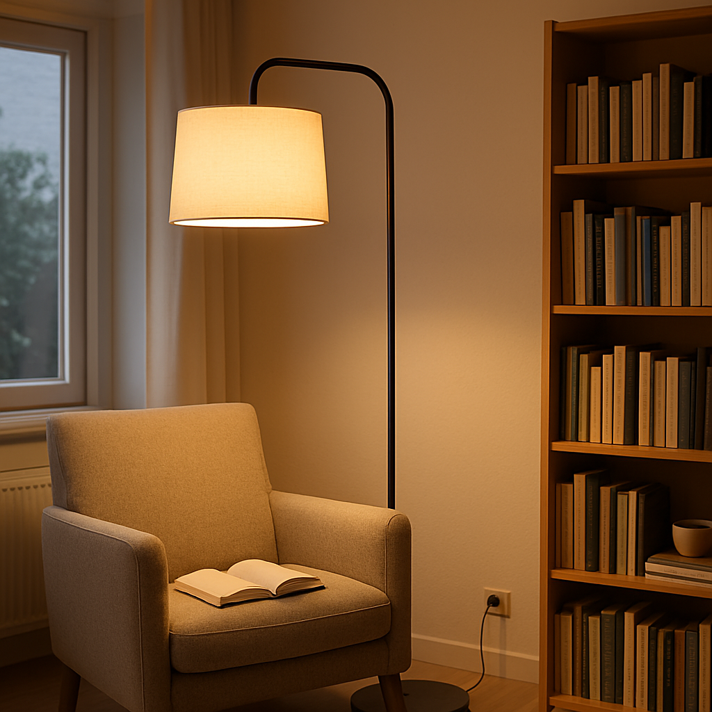 Een hoge, moderne vloerlamp met een zwarte metalen standaard en een warme lichtbron staat naast een comfortabele grijs gestoffeerde fauteuil. Op de fauteuil ligt een open boek. Op de achtergrond is een boekenkast zichtbaar, en subtiel daglicht valt door een raam. De vloerlamp is het centrale punt, stralend met een zacht geel licht, wat zorgt voor een uitnodigende sfeer in de hoek van de woonkamer.