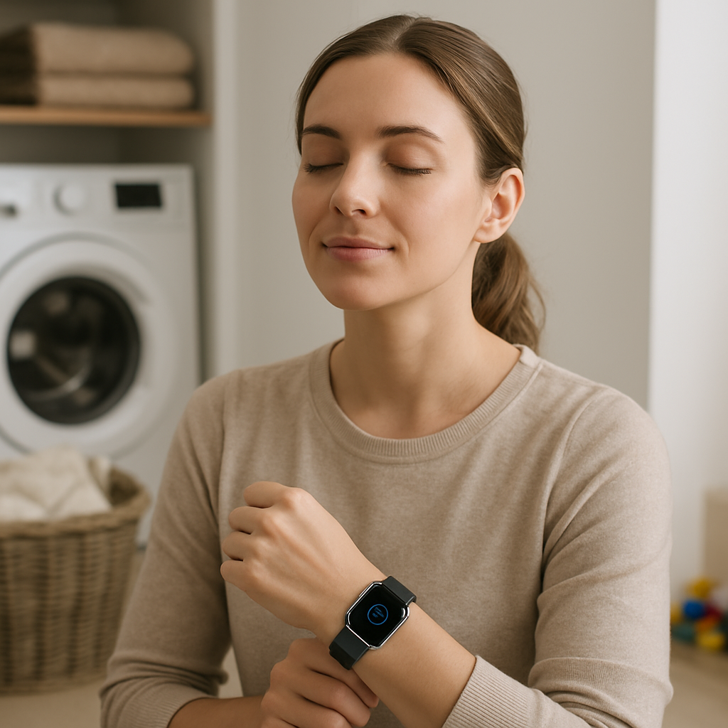 Een vrouw met een smartwatch aan haar pols, haar ogen gesloten in een serene uitdrukking, zittend in een rustige hoek die doet denken aan een bijkeuken. Subtiele hints van een druk gezinsleven zijn op de achtergrond zichtbaar. Ze lijkt een ademhalingsoefening te doen voor zelfzorg.