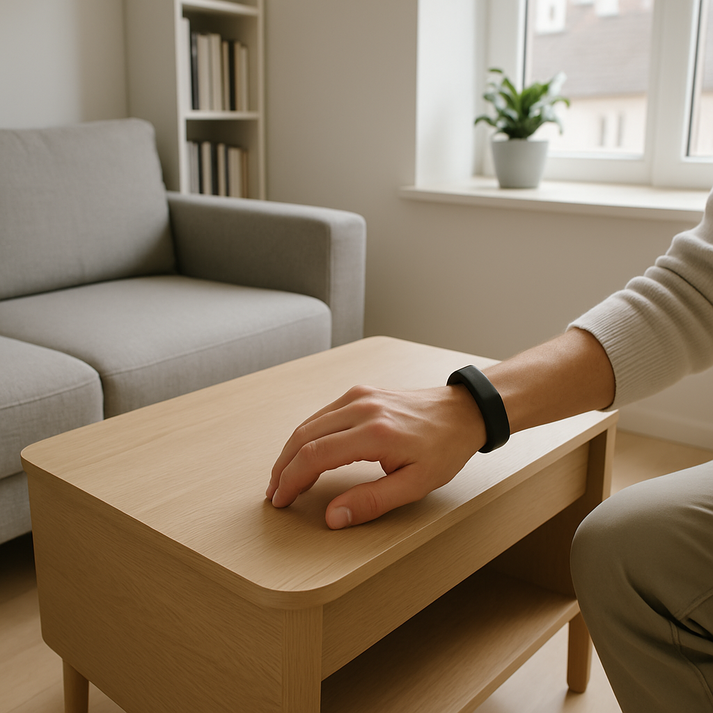 Een bovenaf genomen foto van een hand met een donkere fitnessband, rustend op een minimalistische, lichte houten tafel in een compacte, modern ingerichte Nederlandse woning.