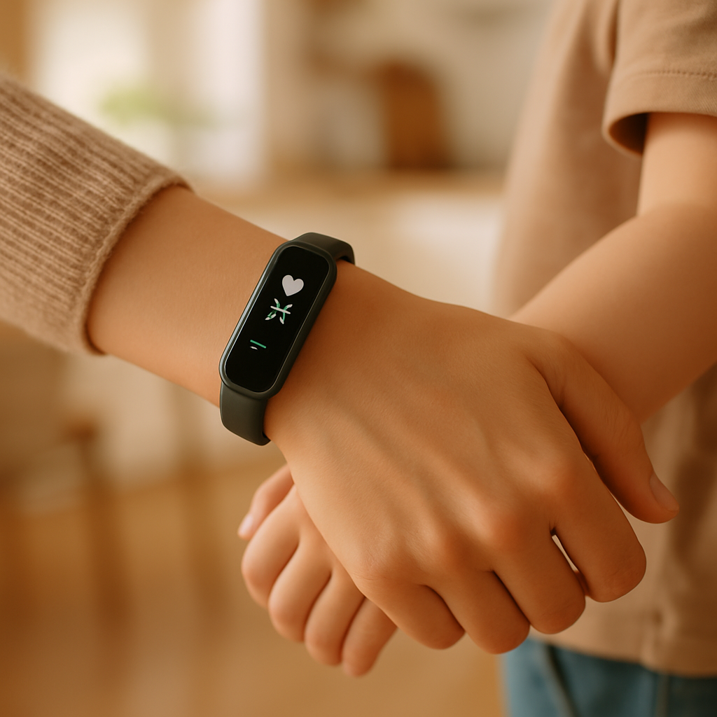 Een slanke Amazfit Band smartwatch om de pols van een vrouw, die zachtjes de hand van een kind vasthoudt. De achtergrond is vaag, wat een huiselijke sfeer suggereert.