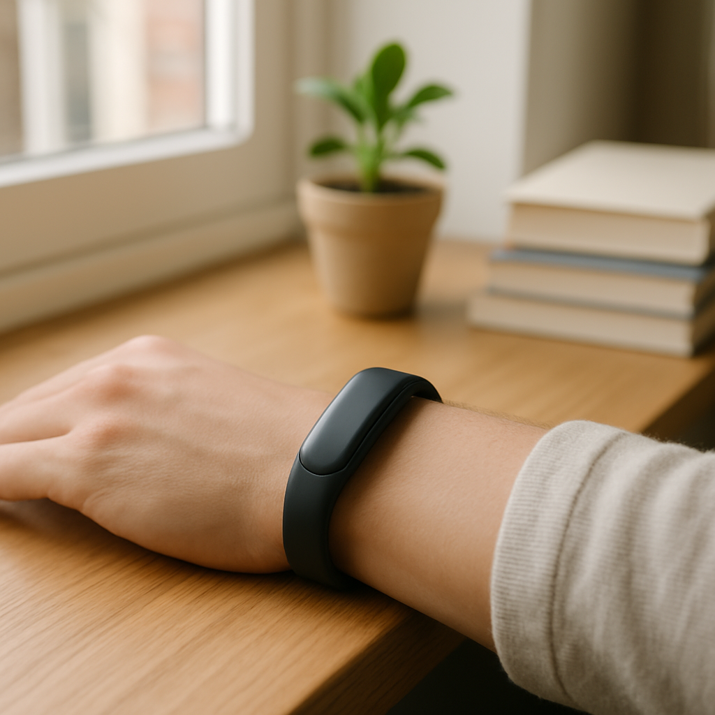 Een hand met een zwarte fitnessband rust op een houten vensterbank, met op de achtergrond een vaag zicht op een plant en boeken, badend in natuurlijk licht. Dit symboliseert welzijn in een kleine ruimte.