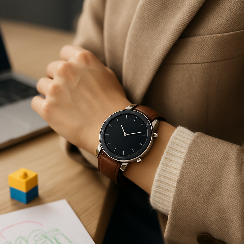 Een close-up van een Amazfit GTR smartwatch met een ronde wijzerplaat om de pols van een vrouw. Op de achtergrond, subtiel wazig, zijn elementen van zowel een kantooromgeving als kinderspeelgoed zichtbaar.