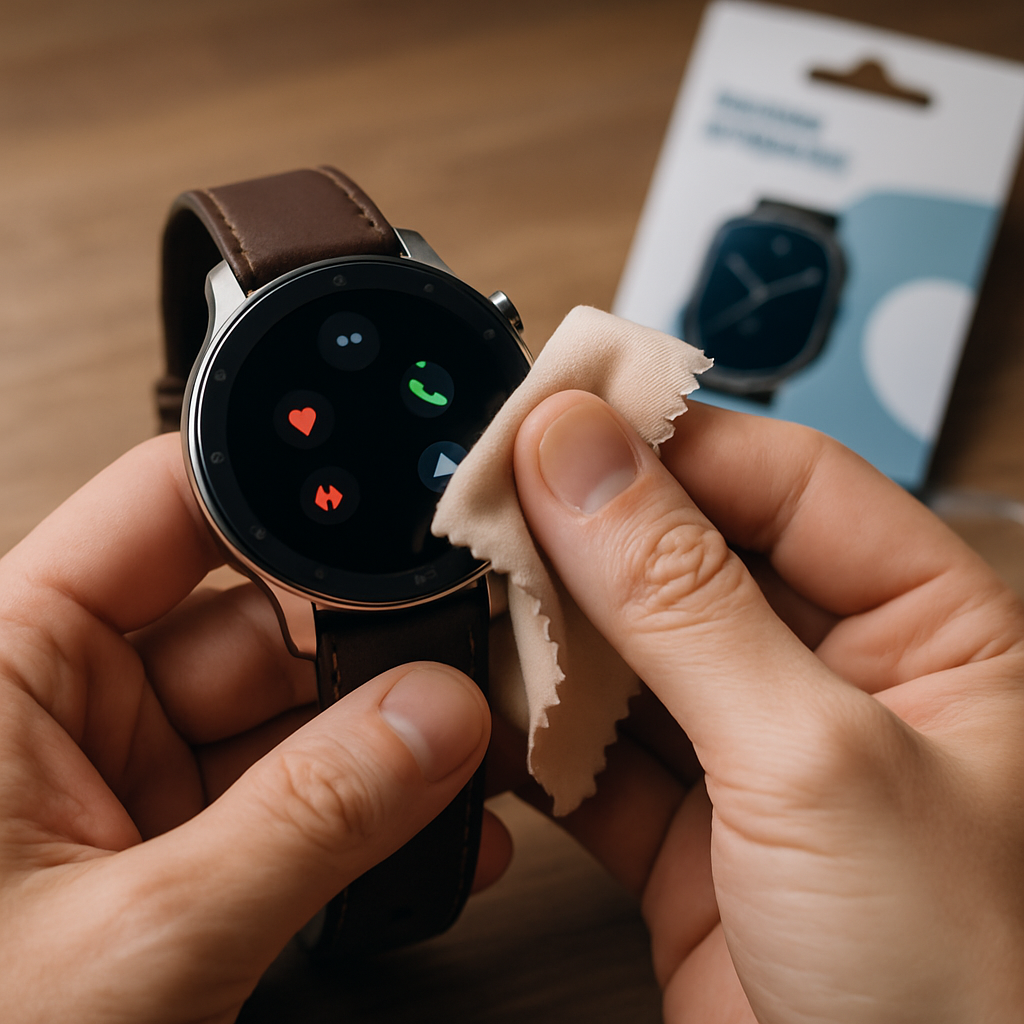 Een close-up van handen die een Amazfit GTR-smartwatch zorgvuldig schoonmaken met een zachte, vochtige doek, met op de achtergrond een screenprotector en een siliconen hoesje.