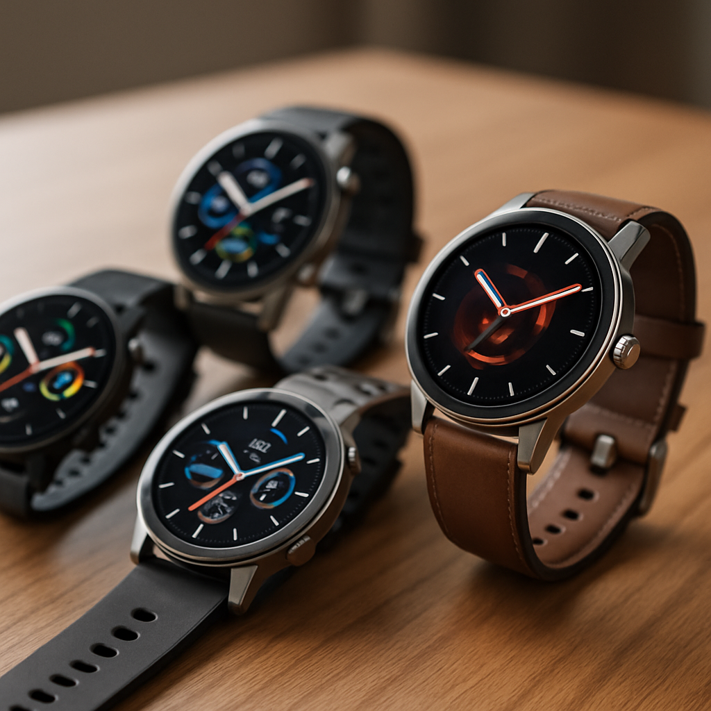 Een close-up van vier Amazfit GTR smartwatches (origineel, GTR 2, GTR 3, GTR 3 Pro) op een houten tafel, met de schermen aan en de behuizingen glanzend.