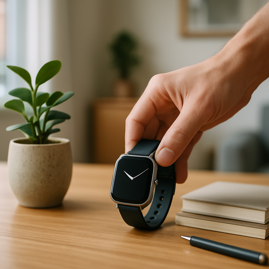 Een hand legt een moderne smartwatch met een minimalistisch display op een compact, netjes georganiseerd houten bureau in een kleine kamer. Op het bureau staan een klein plantje, een stapel boeken en een pen. De scène benadrukt efficiëntie en een slimme indeling in een beperkte ruimte.